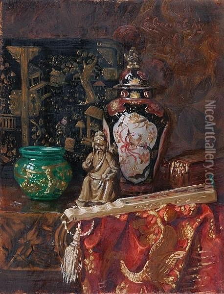 Still Life Of Oriental Artefacts, Signed, Oilon Panel Oil Painting - Ernst Czernotzky
