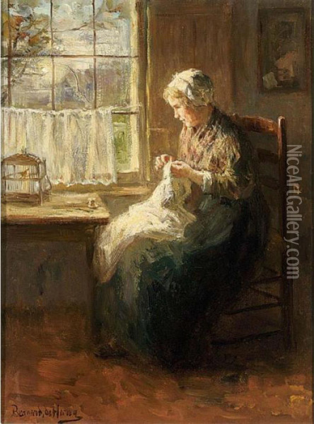 A Young Woman Sewing Oil Painting - Bernard Johann De Hoog