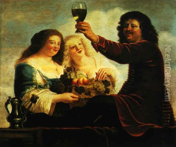 A Bravo Seated On A Balustrade And Brandishing A Wineglass, Attended By Two Maidens With A Basket Of Fruit Oil Painting - Christian van Couwenbergh