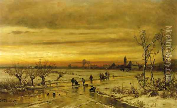 A village in winter at dusk Oil Painting - Adolf Stademann