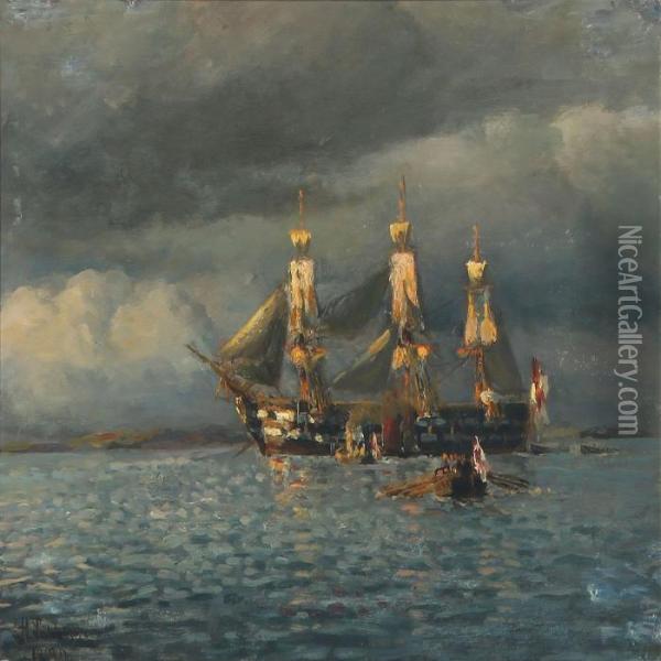 English Warship At Anchor Where The Crew Has Gone To Theboats Oil Painting - Holger Peter Svane Lubbers