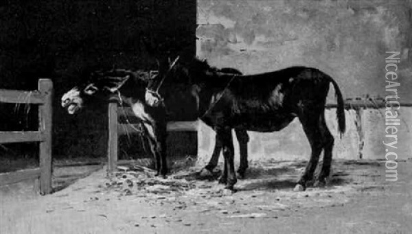 Donkeys In A Yard Oil Painting - Giuseppe Carelli