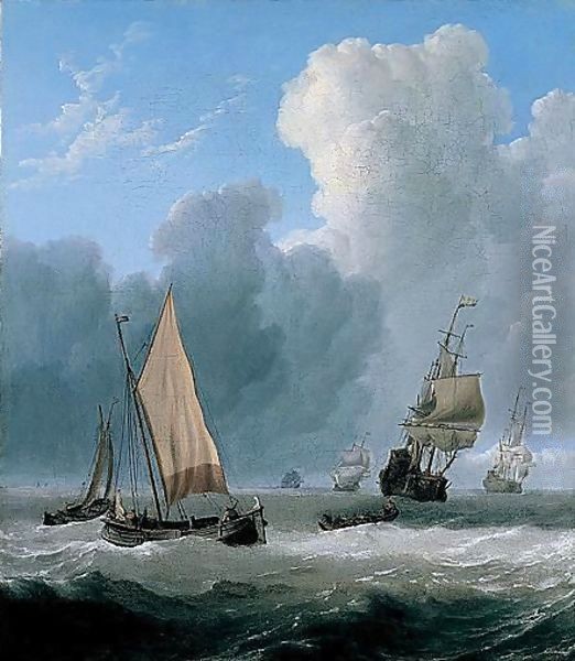 Dutch Coastal Vessels With A Rowing Boat On The Open Sea With A Squadron Of Men Of War Beyond Oil Painting - Willem van de, the Elder Velde