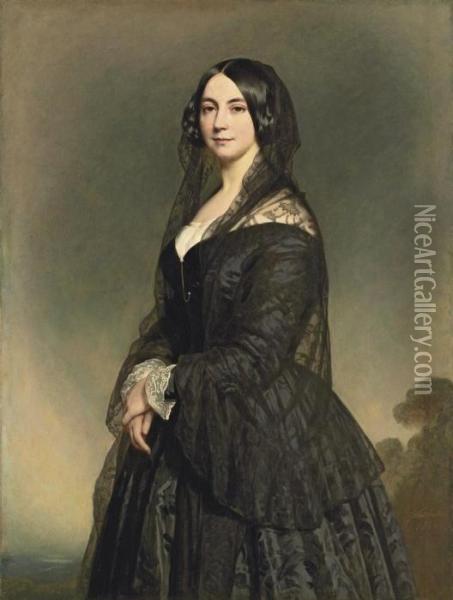 Portrait Of A Lady, 
Three-quarter-length, In A Black Dress With A Black Lace Veil, A 
Landscape Beyond Oil Painting - Franz Xavier Winterhalter