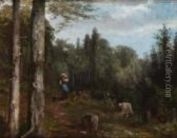 Junge Magd Auf Der
 Waldlichtung. Oil Painting - Ludwig Gustav Voltz