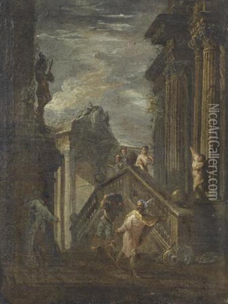 Antike Architekturszenerie Mit Figurenstaffage Oil Painting - Giovanni Domenico Tiepolo