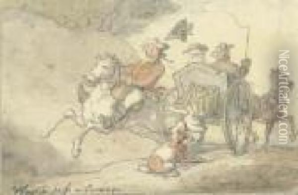 How To Pass A Carriage Oil Painting - Thomas Rowlandson