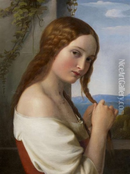 Portrat Eines Madchens Am Fenster Mit Blick In Eine Weite Landschaft Oil Painting - Louis Ammy Blanc