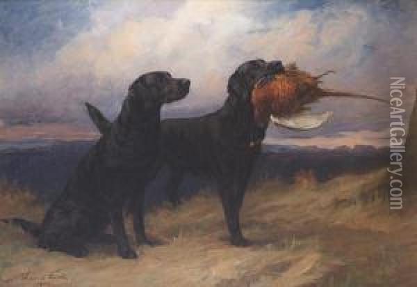 Portrait Of The Black Labrador 
'peter Offaskally' Holding A Cock Pheasant, With His Mate 'dungavel Jet'
 Ina Landscape Oil Painting - Maud Earl