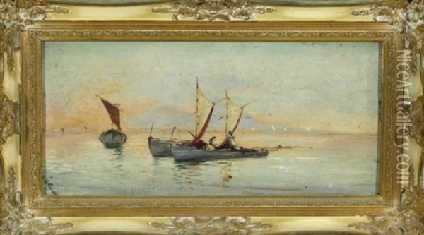 Fischerboote Im Golf Von Neapel Mit Blick Auf Den Vesuv Oil Painting - Johann Georg Grimm