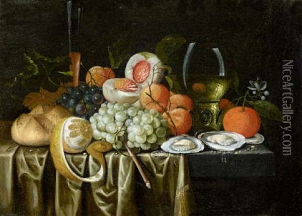 Still Life With A Roemer, Oysters, Oranges, Grapes, Apricots, A Peach, A Bun And A Lemon Together On A Stone Ledge Draped With A Cloth Oil Painting - Jan Pauwel Gillemans the Younger
