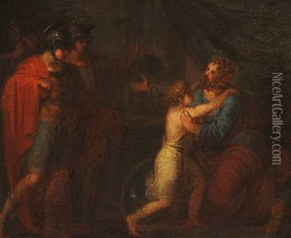 Two Roman Warriors Watching A Seated Man Embracing A Child Oil Painting - Nicolaj-Abraham Abilgaard