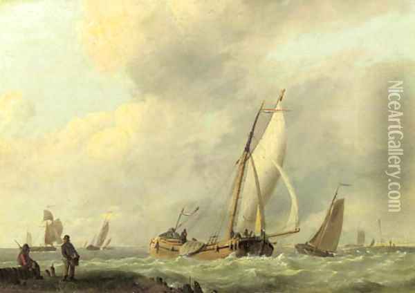 An estuary with sailing vessels in a breeze Oil Painting - Hermanus Sen Koekkoek