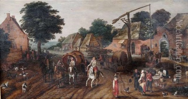 Reges Treiben Mit Landleuten, Reitern Und Kutschen Auf Der Hauptstrase Eines Dorfchens Oil Painting - Abel Grimmer