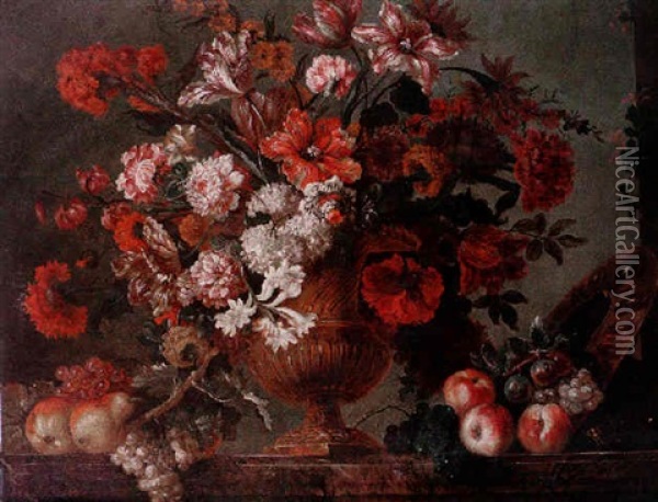 A Still Life Of Flowers In An Urn With Fruit Resting On A Marble Ledge Oil Painting - Pierre Nicolas Huilliot