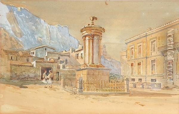 The Lyssicrates Monument, Plaka, Athens Oil Painting - Angelos Giallina
