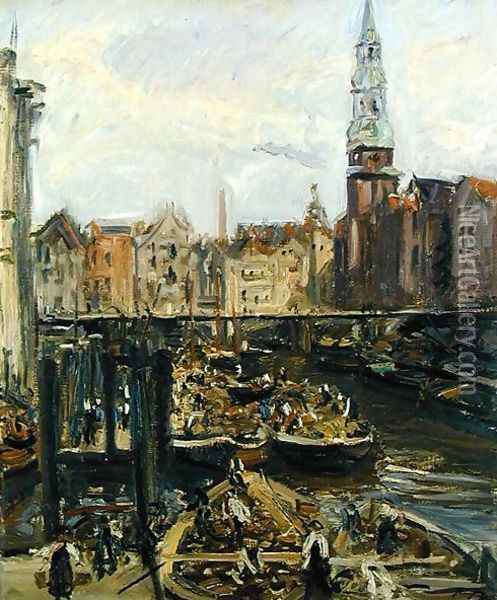 Floating Market on a canal in Hamburg, 1905 Oil Painting - Max Slevogt