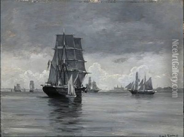 Seascape With Numerous Sailing Ships Off Kronborg Oil Painting - Carl Ludvig Thilson Locher