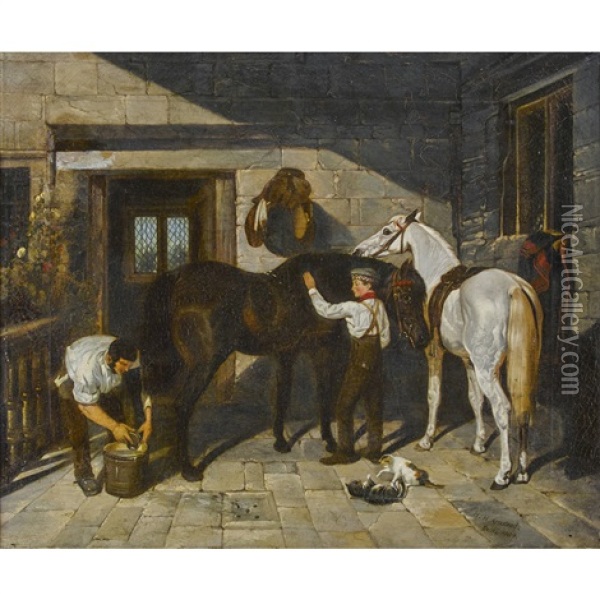 Stallburschen Bei Der Pferdepflege Oil Painting - Henry Hugh Armstead