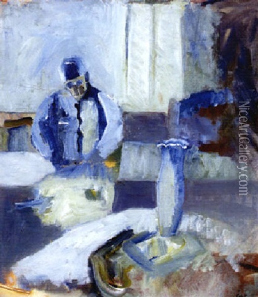 Man I Lila Interior Oil Painting - Ake Goeransson