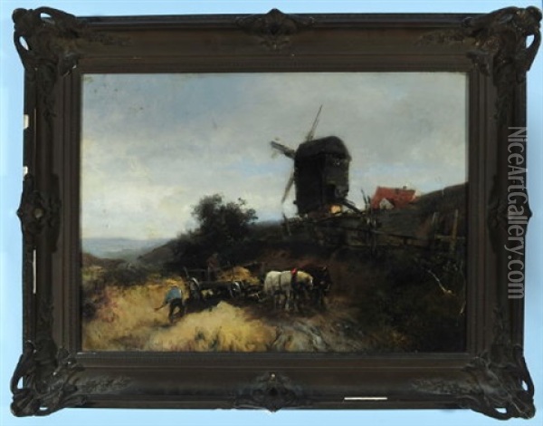 Niederlandische Landschaft Mit Muhle Und Bauern Bei Der Getreideernte Oil Painting - Heinrich Hiller