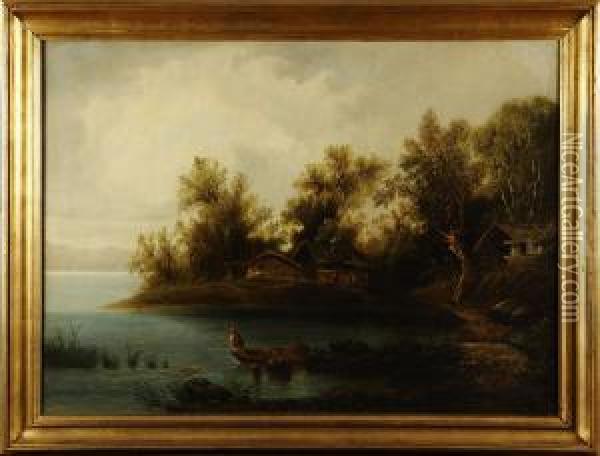 Insjolandskap Med Stuga Och Fiskare Oil Painting - Alfred Thorne