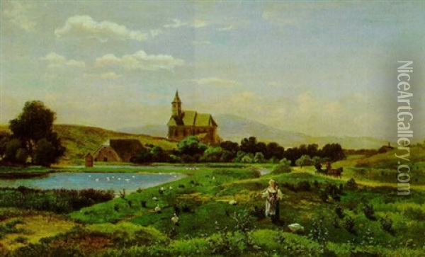 Landschaft Mit Kirche Und Figurlicher Oil Painting - Gustav Ranzoni