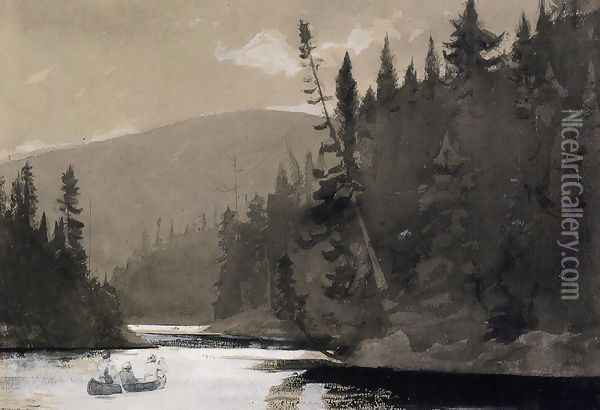 Three Men in a Canoe Oil Painting - Winslow Homer