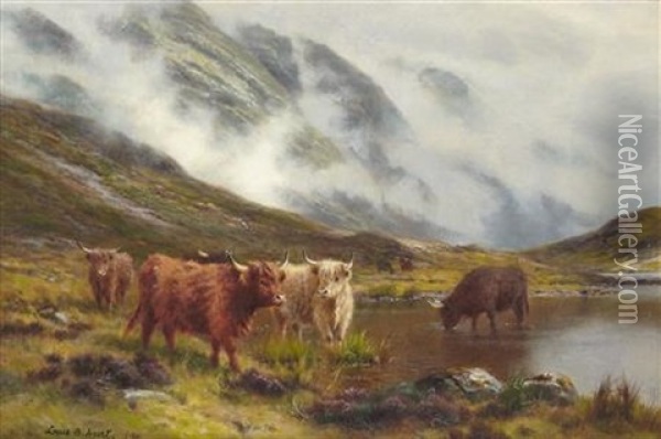 Cattle Watering In A Mountain Loch Oil Painting - Louis Bosworth Hurt
