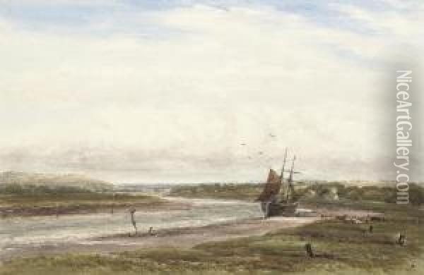 An Extensive River Landscape With A Sailing Boat Moored At Low Tide Oil Painting - James Orrock