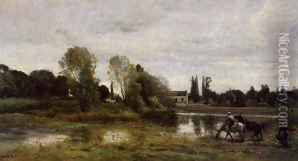 Ville d'Avray - The Horses Watering Place Oil Painting - Jean-Baptiste-Camille Corot