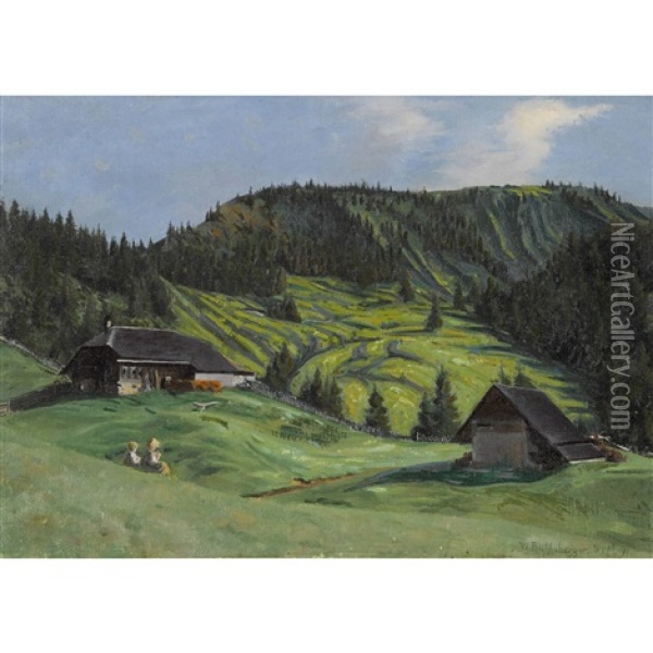 Sommerliche Berglandschaft Mit Kinderpaar Oil Painting - William Roethlisberger