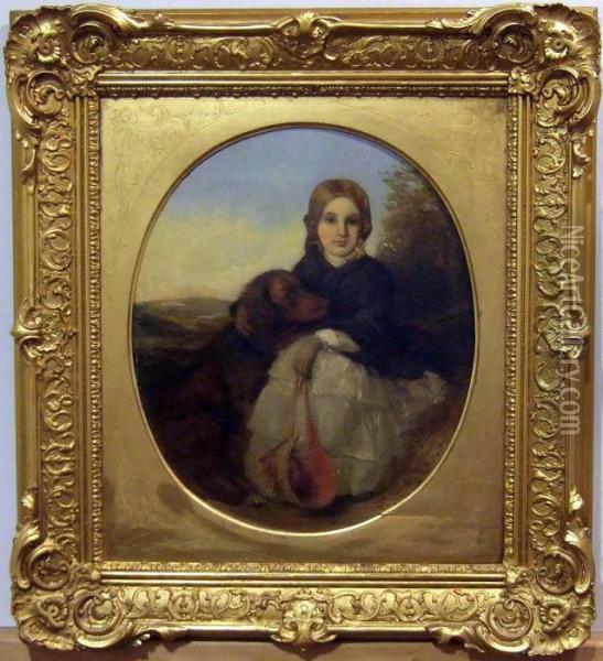 Flickportratt Med Hund. , Oval. Oil Painting - Thomas Falcon Marshall