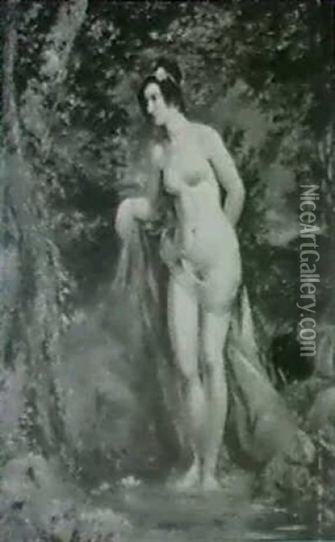 A Female Nude Standing In A Wooded River Landscape Oil Painting - William Etty
