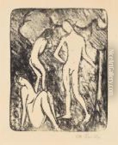 Zwei Madchen Und Ein Jungling (drei Akte) Oil Painting - Otto Mueller