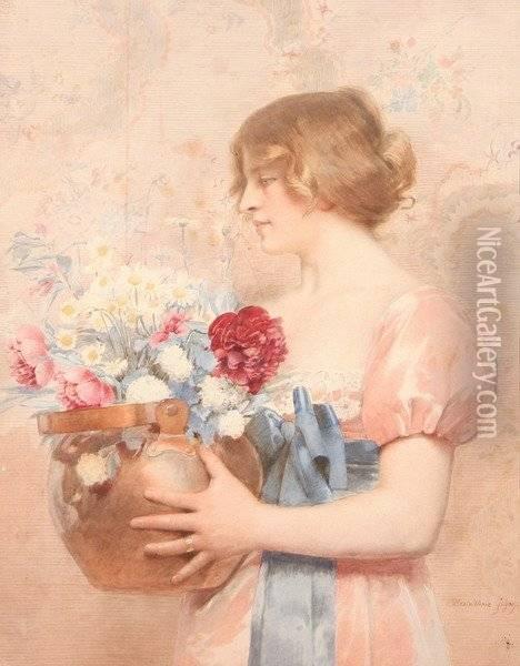 Beauty With Pot Of Flowers Oil Painting - Maximilienne Goepp Guyon