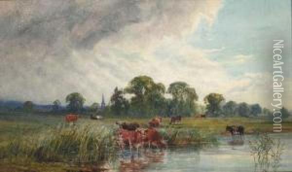 Cattle Watering Beside A River With A View Of A Church Spirebeyond Oil Painting - John MacPherson