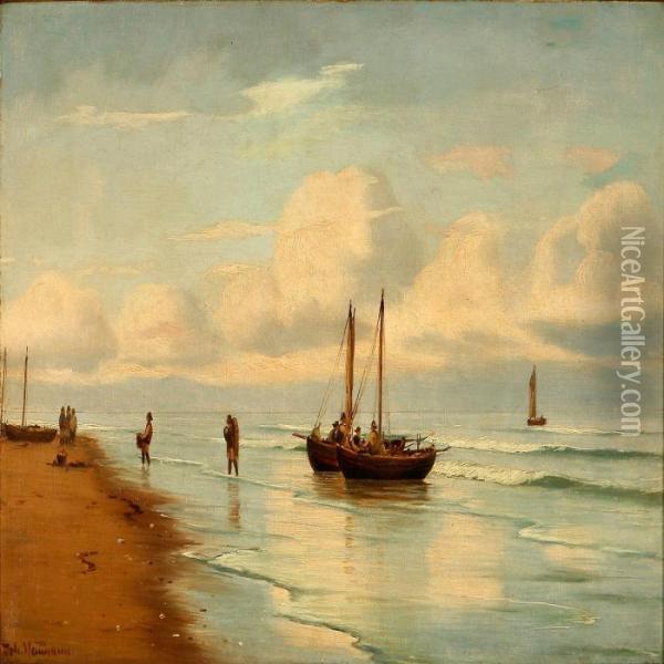 Early Morning Coastal Scene With Fishermen Oil Painting - Johann Jens Neumann