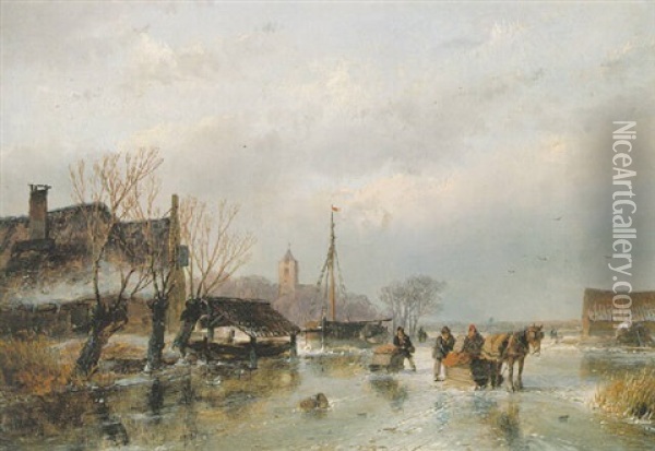 Figures On A Frozen Lake Oil Painting - Andreas Schelfhout