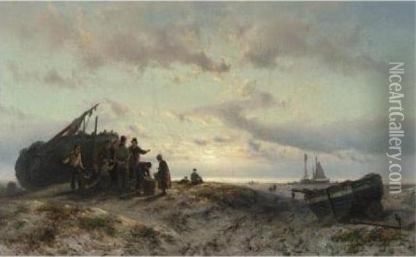 A Beach Scene Oil Painting - Johannes Hermann Barend Koekkoek