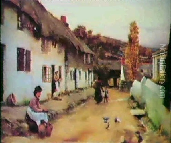 Engelsk Bygata Med Kvinnor Och Barn Oil Painting - William Banks Fortescue