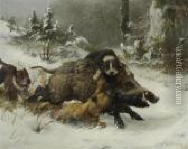 Schneelandschaft Mit Wildschwein Und Hunden. Oil Painting - Carl Friedrich Deiker
