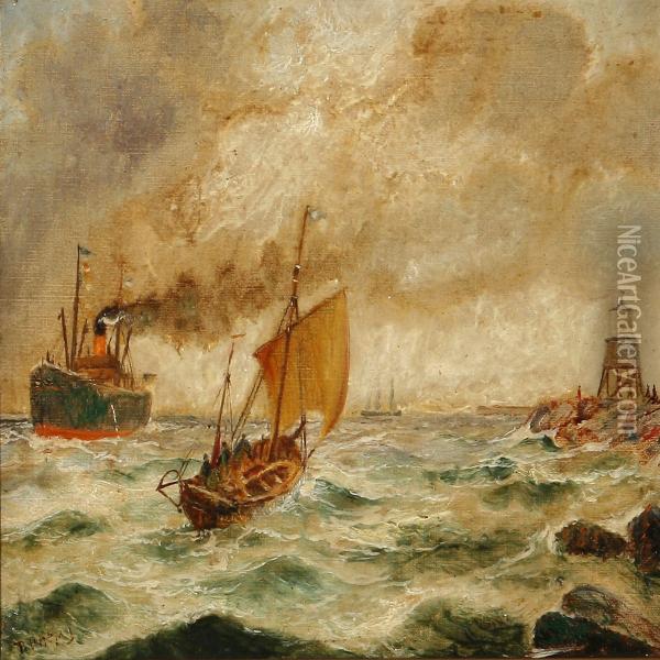 Coastal Scene With Different Ships At The Sea Oil Painting - Bernard Benedict Hemy