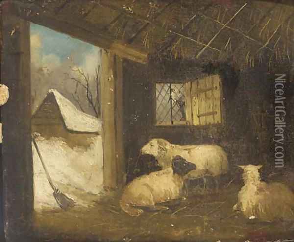 Sheep in a stable in winter Oil Painting - George Morland