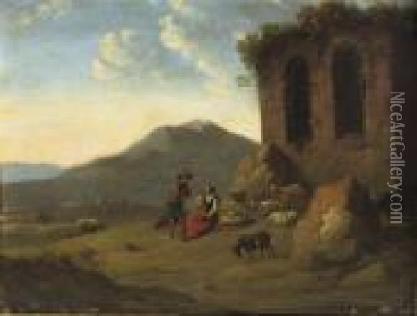 An Italianate Landscape With A 
Goatherd Conversing With A Peasant Woman Near Ancient Ruins Oil Painting - Nicolaes Berchem