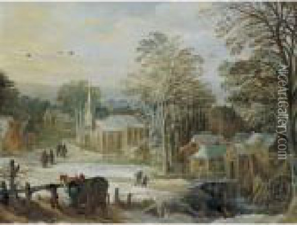 Winter Village With A Water Mill Oil Painting - Joos De Momper