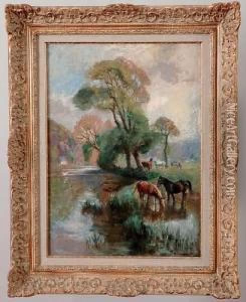 chevaux Au Bord De La Riviere Oil Painting - Raymond Louis Lecourt