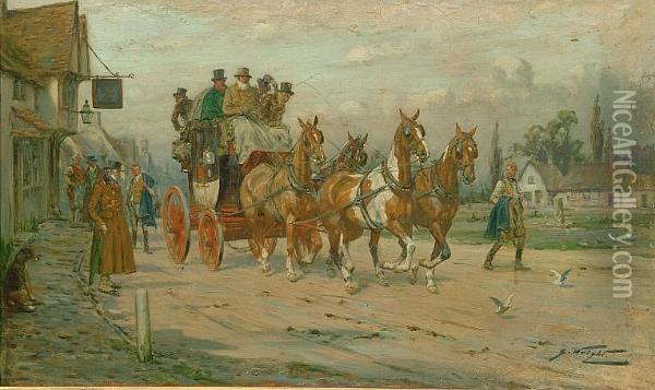 Stagecoach Outside A Country Inn Oil Painting - George Wright