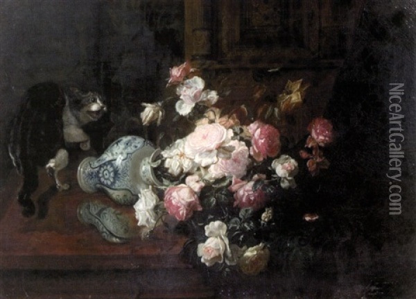 Cat Overturning A Vase Of Flowers Oil Painting - Emile Gustave Couder