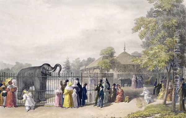 The Elephant House at the Zoological Gardens, Regents Park, engraved and pub. by the artist, printed by Charles Hullmandel 1789-1850, 1835 Oil Painting - George the Elder Scharf